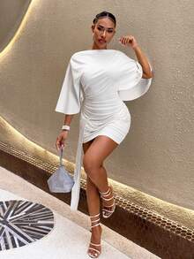 Slaydiva جديد للصيف، مثالي لموسم الزفاف. هذا الفستان الأبيض الأنيق بأكمام الخفاش وكتف واحد قصير مثالي للفتيات الشابات ذوات القوام الممتلئ، مزين بالراينستون عند الخصر، ومثالي لحفلات الصيف المسائية - أبيض - مشاهدة 5