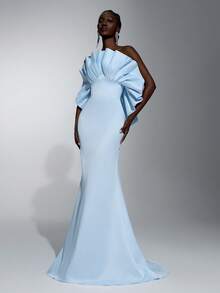 Elitara Elegant Formal Sky Blue Satin Mermaid Evening Gown Dramatic Ruffle Off-Shoulder Floor-Length Fitted Dress With Train For Women Wedding Spring - Baby Blue - View 2