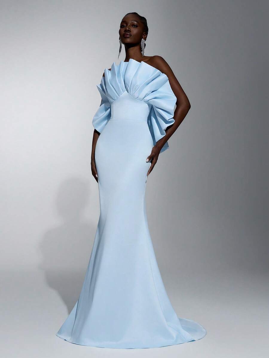Elitara Elegant Formal Sky Blue Satin Mermaid Evening Gown Dramatic Ruffle Off-Shoulder Floor-Length Fitted Dress With Train For Women Wedding Spring