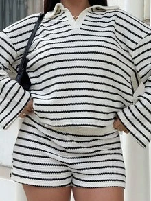 NegzBox Women's Casual Multicolor Striped Rib-Knit Polo Collar Top And Shorts Set Knitted Fabric Drop Shoulder Three Quarter Length Sleeve Summer - Multicolor - View 6
