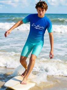 SHEIN Tween Boy Casual Sports Text Graphic Ombre Color Dopamine Romper Swimsuit, Suitable For Beach, Swimming, Surfing - Multicolor - View 5