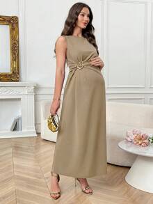SHEIN 孕婦夏季優雅素色無袖洋裝 - 卡其色 - 查看 5
