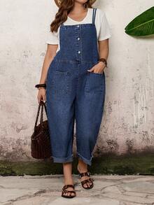 EMERY ROSE EMERY ROSE Mono de mezclilla casual sin mangas talla grande - Azul lavado oscuro - Ver 3