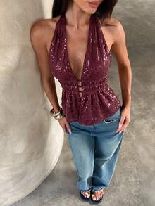 Aloruh Young Hot Girl Halter Neck Tie-Up Backless Patchwork Sequin Deep Purple Red Women's Tank Top - Burgundy - View 7