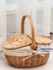 Handwoven Willow Picnic Basket With Handle And Double Lids, Suitable For Storing Food, Fruits, Holidays, Camping, Shopping, Home Decor. Made Of Pure Natural Handwoven Willow, Slight Color Difference May Exist Due To Growth Factors, But Does Not Affect Aesthetics And Usability. Please Purchase With Confidence. - Multicolor - View 1