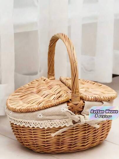 Handwoven Willow Picnic Basket With Handle And Double Lids, Suitable For Storing Food, Fruits, Holidays, Camping, Shopping, Home Decor. Made Of Pure Natural Handwoven Willow, Slight Color Difference May Exist Due To Growth Factors, But Does Not Affect Aesthetics And Usability. Please Purchase With Confidence.