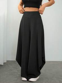 SHEIN PETITE Women's Asymmetrical Loose Long Pants, Suitable For Spring/Summer, Graduation And Fall - Black - View 4