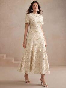Anewsta 新款優雅圓領短袖3D花卉魚尾洋裝，杏色，女性優雅洋裝，春季女性洋裝 - 杏色 - 查看 6