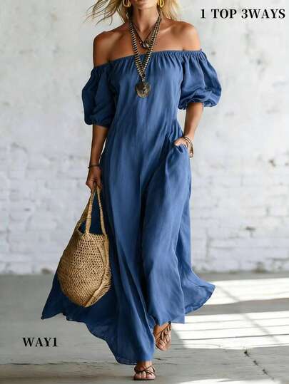 SHEIN Holidaya Damen Einfarbiges Casual Kleid, Off-Shoulder, Schrägtasche und Kurzarm