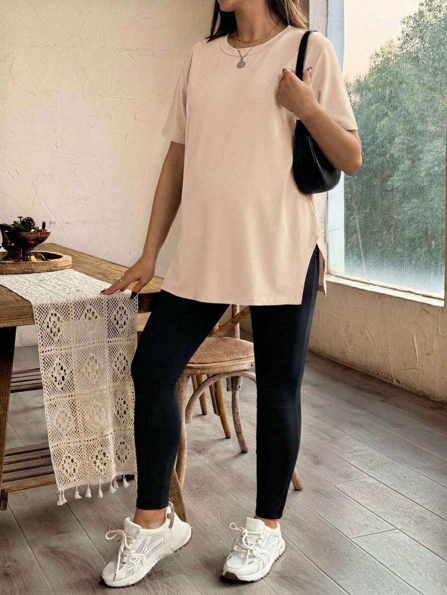 SHEIN Maternity Spring/Summer/Autumn Casual Daily Commute Short Sleeve Split Hem T-Shirt And Adjustable Waist Skinny Long Pants Set - Apricot - View 1