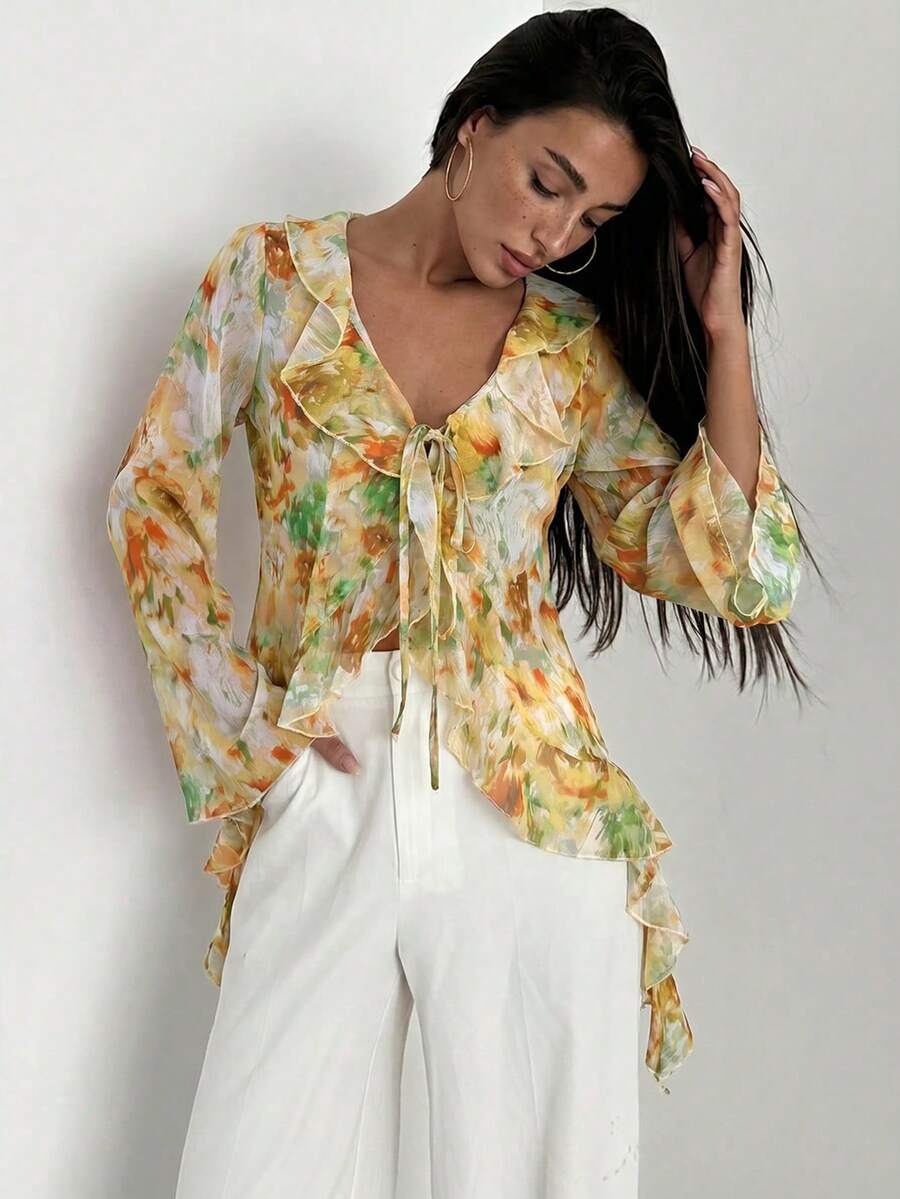 Firerie Blus Chiffon Wanita dengan Ruffle dan Tali Pengikat di Depan, Lengan Lonceng, dan Motif Bunga - Kuning - View 1