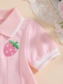 SHEIN 1件女嬰可愛粉色水果貼布對比領百褶短袖柔軟 Polo 連身裙 夏季日常派對公園春夏季洋裝 - 粉色 - 查看 6