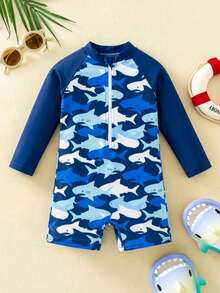 SHEIN Đồ bơi liền thân dài tay cho bé trai sơ sinh/bé trai, họa tiết cua dễ thương, sọc xanh phối màu tương phản, phù hợp đi nghỉ mát, đi biển, lướt sóng, đồ bơi bé trai, đồ bơi dài tay - Màu xanh lam - Xem 2
