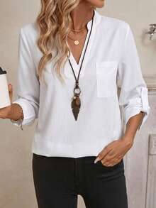 EMERY ROSE Women's Casual Notch Collar 3/4 Sleeve Blouse Office Shirt Suitable For Autumn/Winter - White - View 3
