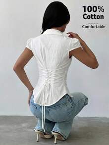Firerie Camisa de manga corta a rayas azules y blancas para mujer, camisa con cintura anudada, camisa casual para ir al trabajo, camisa de vacaciones, camisa a rayas con cintura ceñida, adecuada para primavera, verano, otoño e invierno, elegante, vacaciones, bohemia, atuendo de trabajo - Blanco - Ver 7