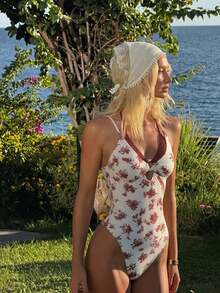 Swim Mod Women's Summer Beach Vacation Floral Print Twist Front One-Piece Swimsuit - Multicolor - View 3