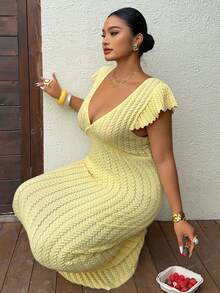 Dazy Plus Plus Size Women's Deep V-Neck Wrap Maxi Dress, Vacation Style Beach Dress, Yellow, Spring/Summer - Yellow - View 7