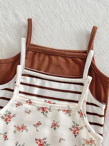Cozy Pixies 3pcs/Set Babygirl Casual Minimalist Knit Floral & Striped Sling Bodysuit - Multicolor - View 4
