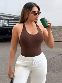 Slayform Slayform Seamless Coffee Brown Print Backless Jumpsuit Gym Summer Athleisure - Coffee Brown - View 2