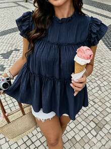 Vionelle Plus Size Loose Ruffle Patchwork Doll Blouse Vacation Navy Blue Summer Elegant - Navy Blue - View 6