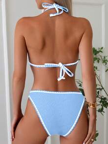Swim Mod Conjunto de bikini de 2 piezas con bloques de color, estilo halter y triángulo para la playa de verano - Azul - Ver 2