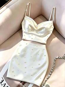Franclia Women's Elegant Pearl Decor Camisole & Skirt 2 Pieces Set, Summer - White - View 1