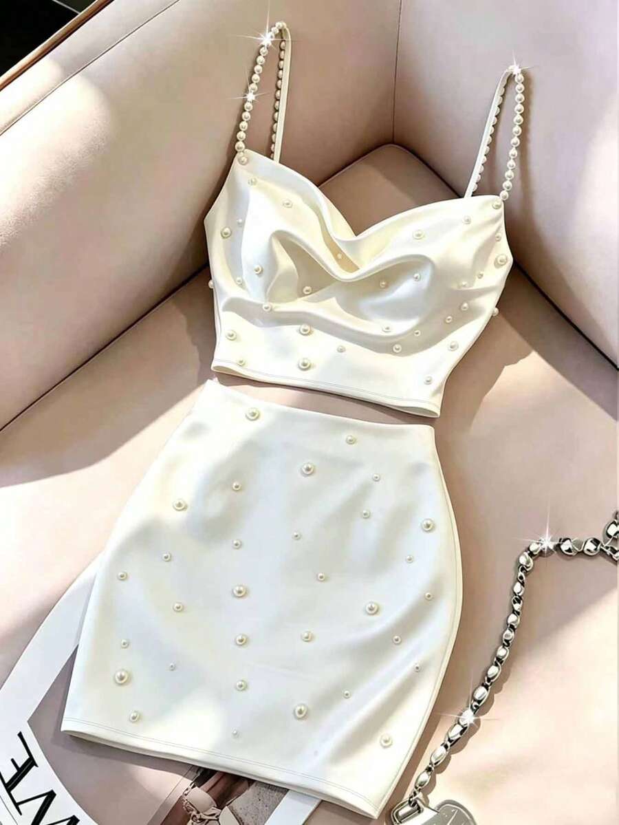 Franclia Women's Elegant Pearl Decor Camisole & Skirt 2 Pieces Set, Summer - White - View 1