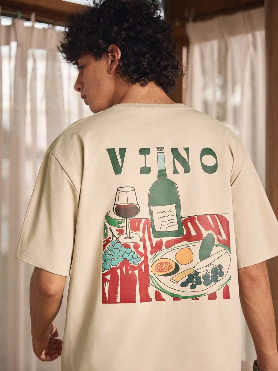 Whitmere Men's Graphic Print T-Shirt, Beach Summer Wear, Loose Fit Short Sleeve Tee - Apricot - View 1