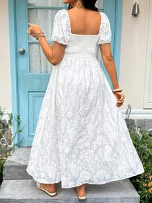 Loomaby Đầm bầu mùa hè thanh lịch họa tiết jacquard cổ vuông tay cánh hoa - Màu be - Xem 11