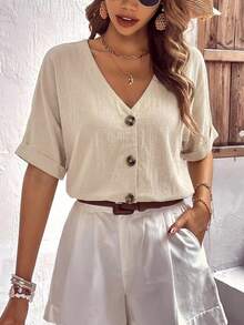 SHEIN LUNE Women's 100% Cotton V-Neck Batwing Short Sleeve Button Down Loose Shirt, Khaki - Apricot - View 4