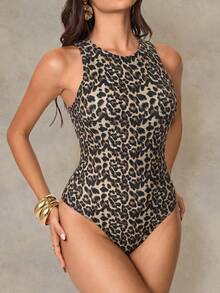 Shapewave Women's Leopard Print One-Piece Swimsuit, Suitable For Beach Vacation Vacation, Pool Party, Beach Party Beige Summer Tropical - Multicolor - View 7
