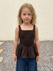 DAZY Young Girl Summer Casual Solid Color Ruffle Tank Top - Brown - View 6