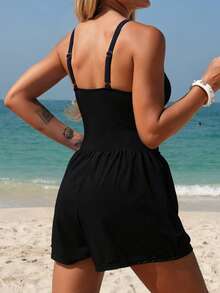 Swim Lushoire Women's Summer Vacation Beach Casual Solid Color Adjustable Strap Metal Buckle V-Neck Criss-Cross Tummy Slimming Pleated Waist Pocket Loose Shorts One-Piece Swimsuit - Black - View 4