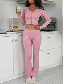 Livesso Women's Solid Color Comfortable Single-Breasted Long Sleeve Top And Casual Pants Pajama Set Fall - Pink - View 8