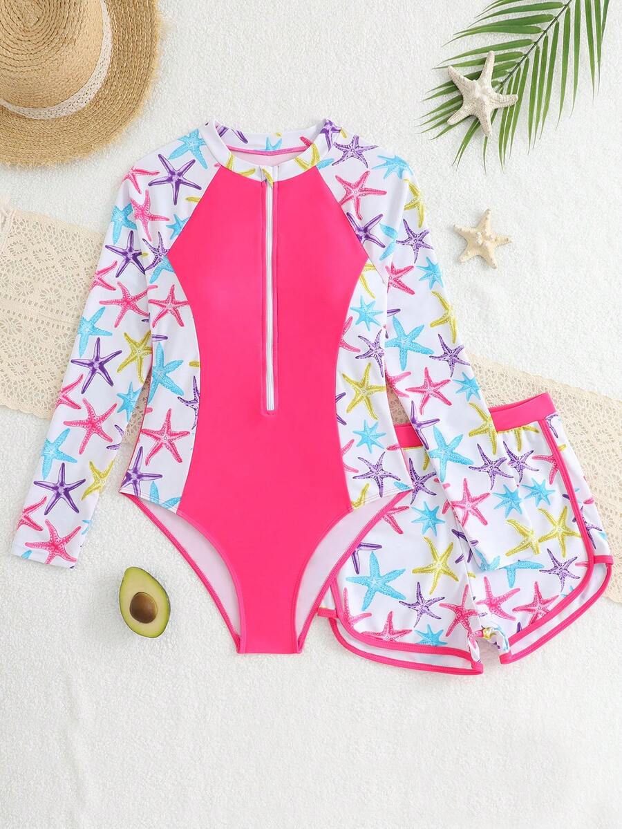 SHEIN 青少年女孩海星拼接拉鍊前開襟連身泳衣 & 短褲套裝,穿脫方便,適合度假、游泳池、夏季假期派對、海灘 - 玫紅色 - 查看 1