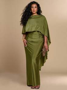 SHEIN BAE CURVE Elegantes blassgelbes Sommerkleid in Große Größen für Damen, figurbetont mit Raffung, perfekt für Essen, Strandurlaub, Partys, Dates, Brunch und andere besondere Anlässe - Grün - Übersicht 2