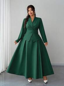 Elenzga Plus Size Women's New Elegant Spring/Summer Set, Pleated Tie-Up Long Sleeve Shirt Cardigan, Elegant Romantic Full Skirt, Business Casual Commute Two Pieces Set, Exquisite Elegant Dignified Set Solid Apricot - Dark Green - View 6