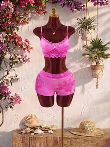 Amplova Summer Floral Print Lace Contrast Color Women's Set Home Pink Floral Sexy - Pink - View 7