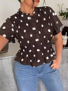 Firerie Blus Kasual Lipit Lengan Pendek Motif Polkadot Ukuran Besar untuk Wanita - MultiWarna - View 3