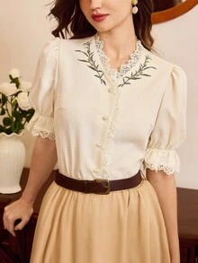 Vintamour Vintage Elegant Women Blouse With Floral Embroidery Ditsy Floral Lace Trim Ruched Ruffle Hem Button Pearl Collar Casual Office Holiday Top Summer Tops Summer Clothes Summer Outfits For Women Festival Outfits For Women Going Out Tops Going Out Outfits Elegant Women's Blouses Casual Blouses For Women Vacation Outfits Women Holiday Outfits For Women Summer Holiday Outfits Country Concert Outfit Women's Country Clothing Country Style For Women Female Country Look - Beige - View 3