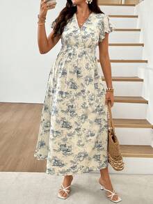SHEIN Maternity Overlap V-Neck Ruffle Sleeve Floral Print Fashion Dress - Blue and White - View 10