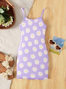 Young Girl Fashion Daisy Knit Print Purple Camisole Dress - Purple - View 4