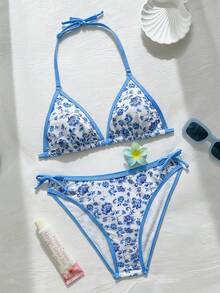 SHEIN 青少年女孩花卉印花坦基尼泳裝，細肩帶短版比基尼上衣，適合海邊度假 - 藍白色 - 查看 6