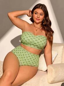 SHEIN Swim Curve 大尺碼全身印花度假海灘泳裝套裝 - 彩色 - 查看 3