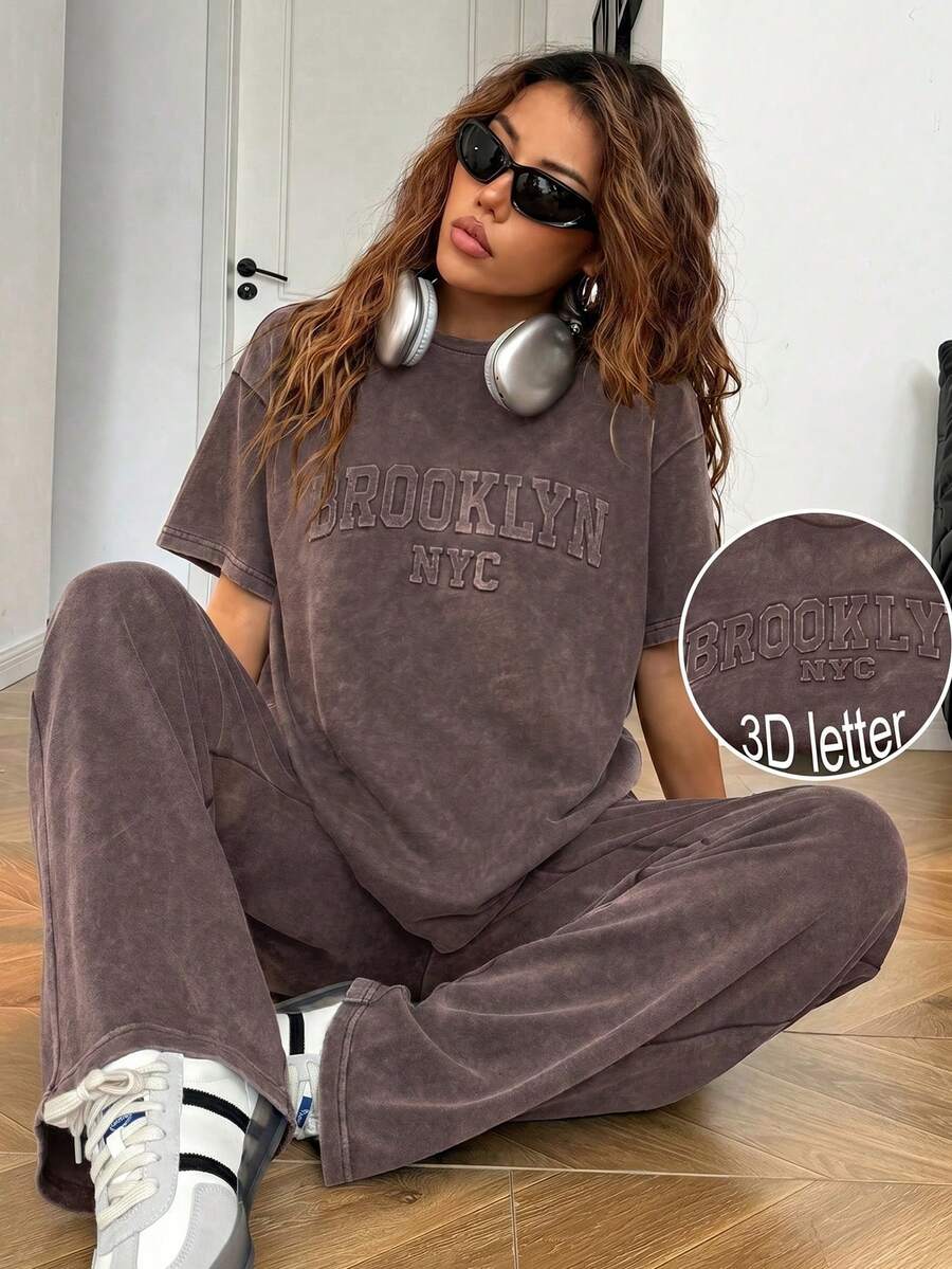 SHEIN EZwear 2pcs/Set Plus Size Women Letter Embossed Round Neck Short Sleeve T-Shirt And Casual Loose Pants - Chocolate Brown - View 1