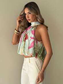 Aloruh Printed Mesh Halter Neck Top For Women - Multicolor - View 4