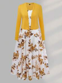 Franclia Plus Size Women's Floral Print Cami Top And Solid Color Open Front Cardigan Casual Everyday Set - Gold - View 5
