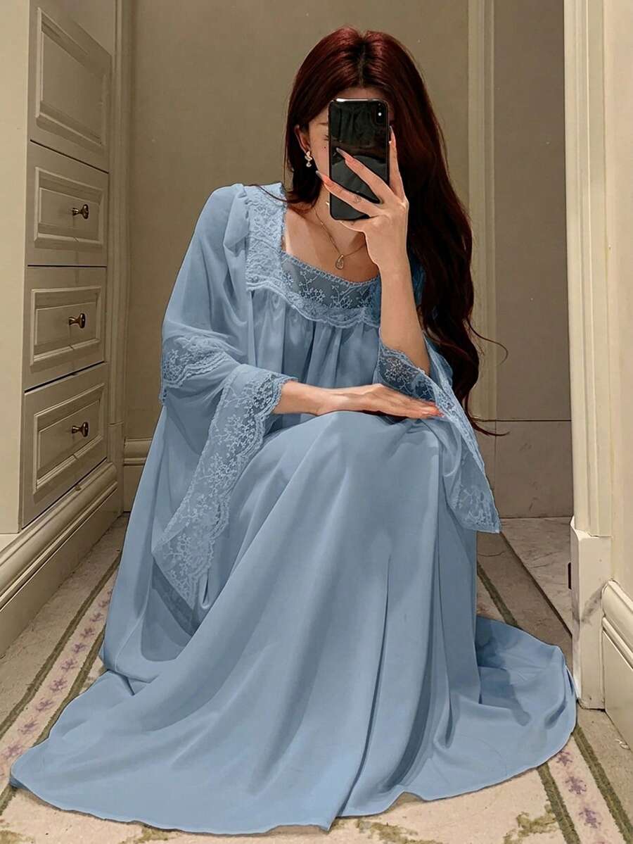 DAZY 浪漫蕾絲拼接公主風甜美女款睡袍睡衣 - 藍色 - 查看 1
