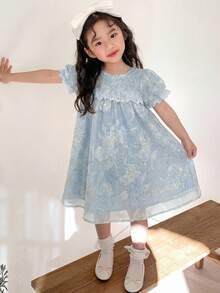 Dazy Kids 女童刺绣梭织短袖连衣裙，春夏款 - 藍色 - 查看 5