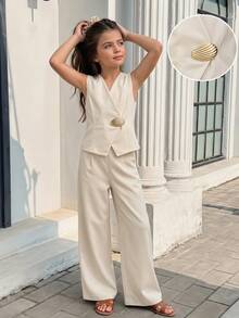 SHEIN Tween Girl Metal Button Detail Vest And Pants Set,White Beige Party Casual Simple Stylish Wear For Spring,Summer,Autumn - Light Grey - View 1